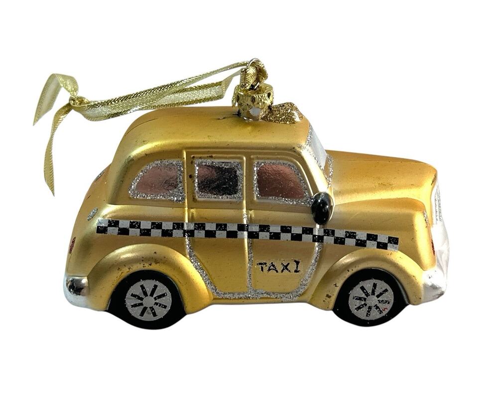 Gold Taxi Cab Christmas Ornament 5” Checkered Glitter Vintage Style
